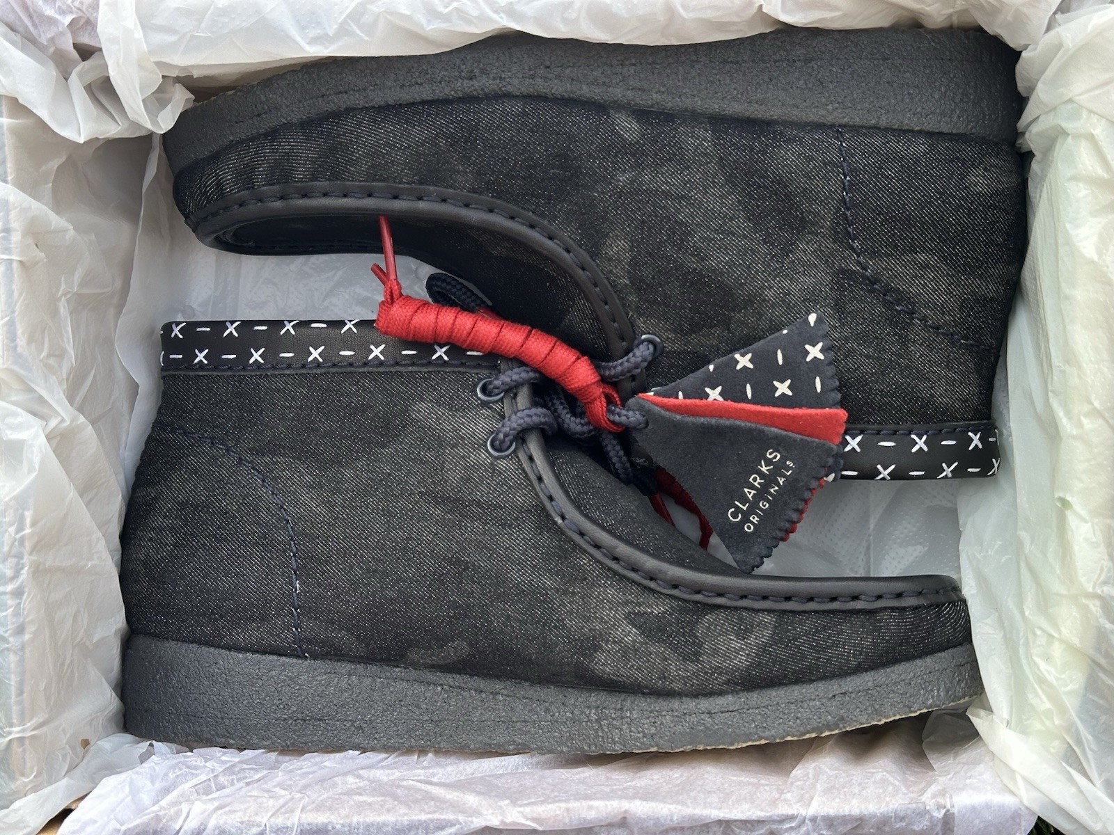 Size 9.5 - Clarks Wallabee Denim Sashiko Boots Moc Toe Crepe Black Camo New $170
