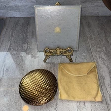 Vintage Evans Gold Tone 4” Compact w/ Sifter, Puff, Pouch & Original Box