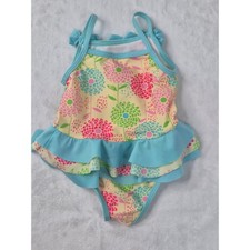 Absorba Swimsuit Baby Girl 12M Blue Floral Excellent Ruffle Bow One-Piece