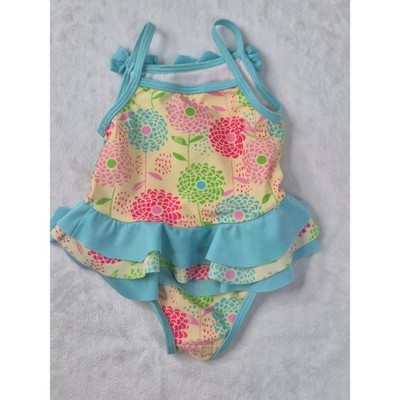 Absorba Swimsuit Baby Girl 12M Blue Floral Excellent Ruffle Bow One-Piece