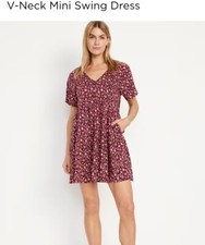 Old Navy V Neck Swing Floral Dress Marroon Burgandy Size Large Short Sleeve