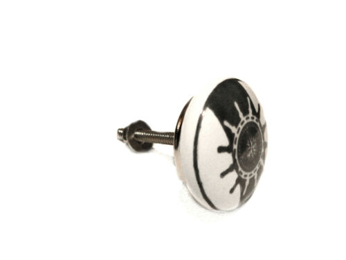 Möbelgriff 'Steering Wheel' Button Knob Door Drawer Pull Ceramic Maritime White - Picture 1 of 4