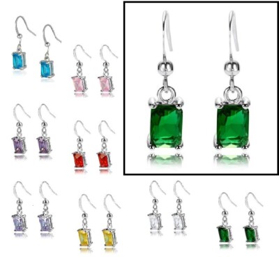 Echte WEISSGOLD-Finish Ohrhänger, 6 mm SMARAGDSCHLIFF Edelsteine KREUZFAHRT VERPACKT