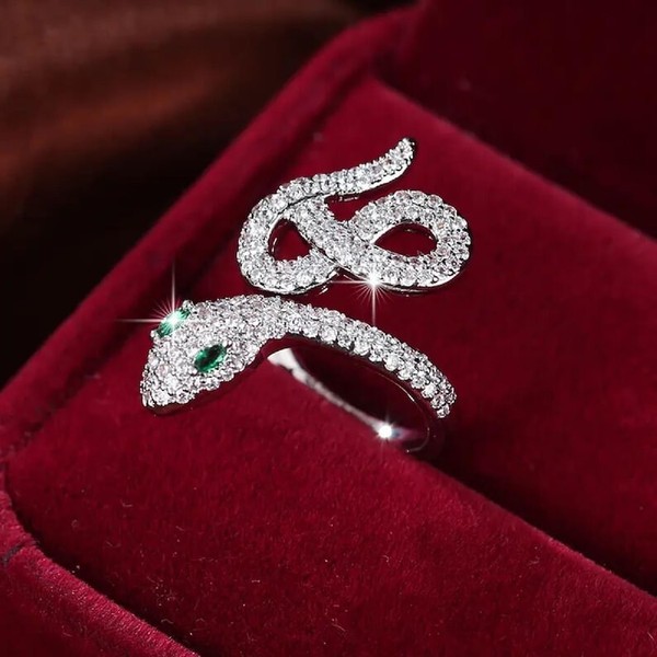 Alternate view of Gold Plated Snake Ring With Emerald Eyes Serpent Statement Jewelry