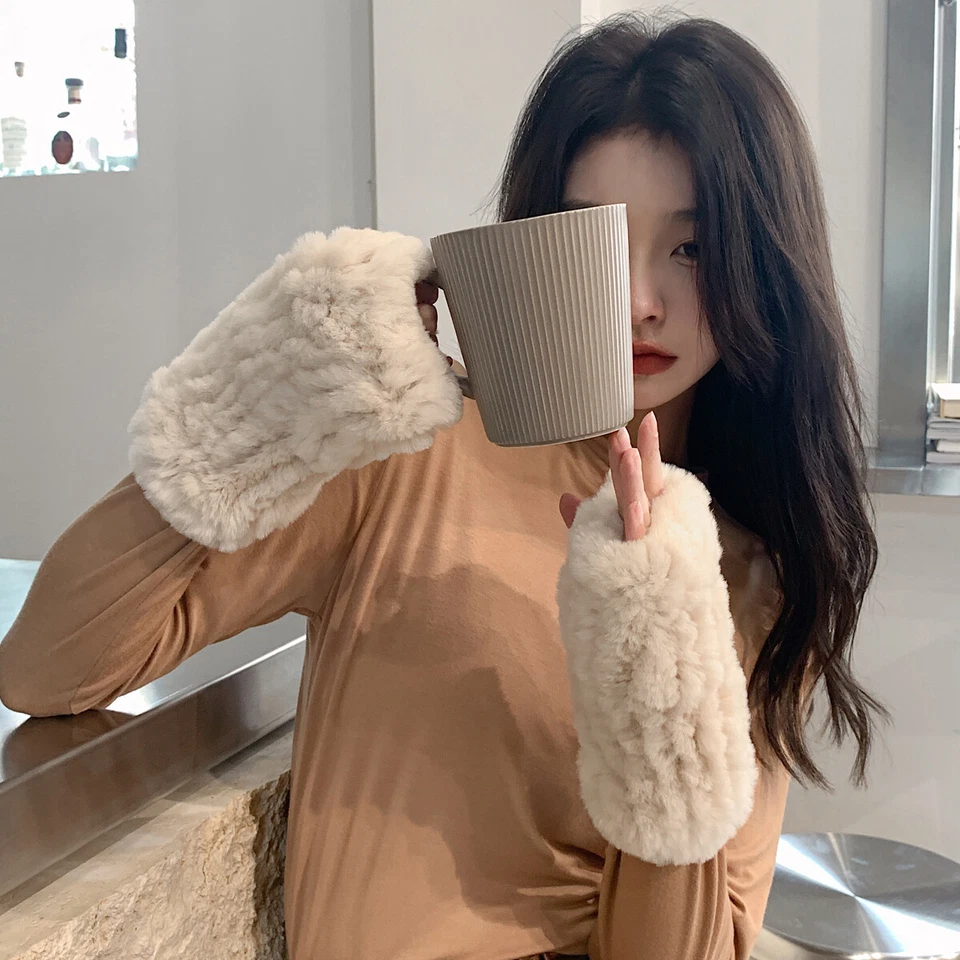 Женские теплые реальный Rex кроличий мех перчатки зимние вязаные запястье варежки Xams подарок - Изображение 3 из 4