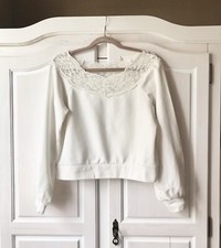 Carmen Schulterfrei H&M offshoulder Pullover Sweatshirt Spitze Weiß Ballonärmel