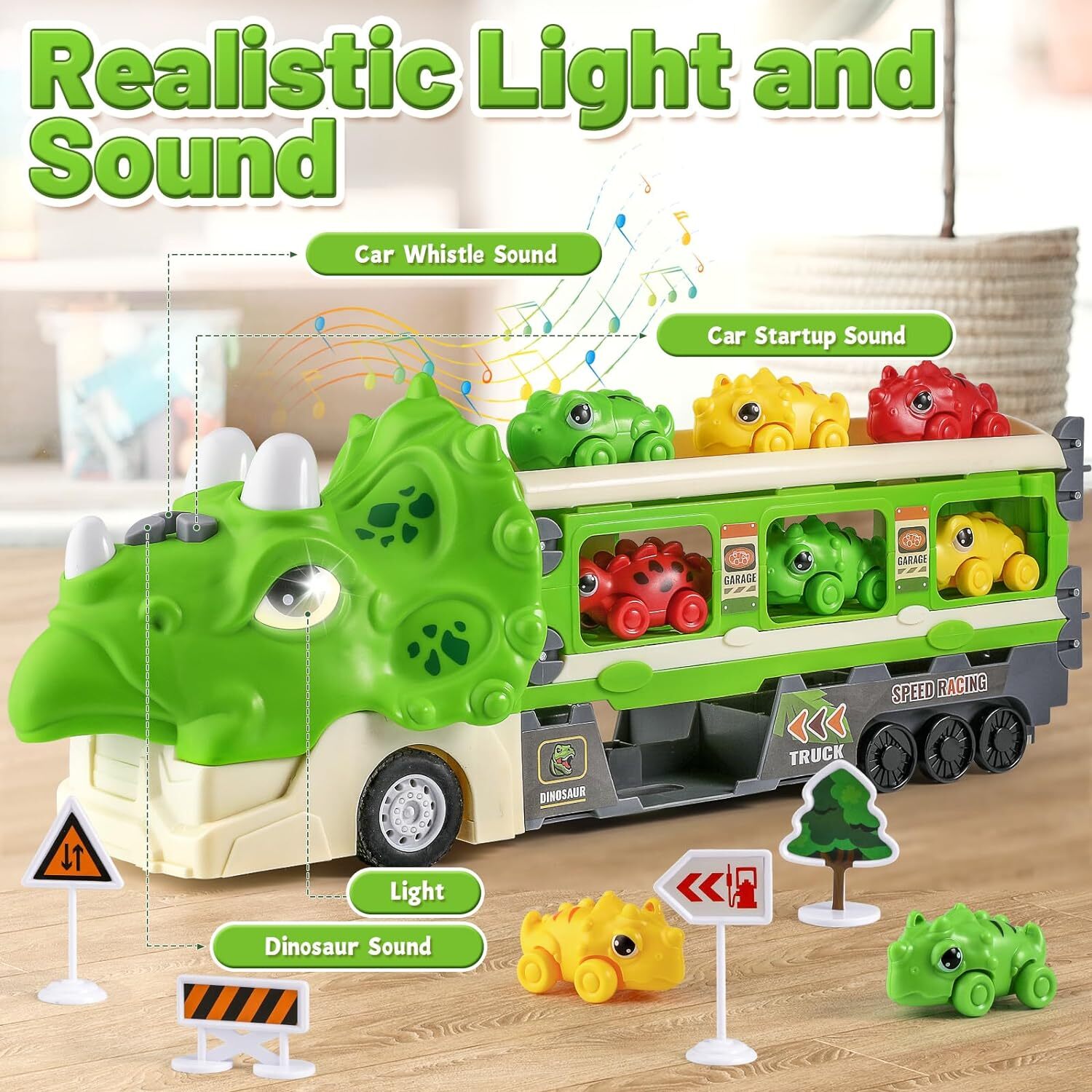 7 In 1 Dinosaur Cars Transport Led Lights Carrier Truck Pull Back Car