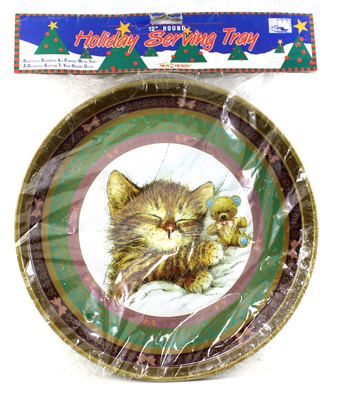 Kitty Cat & Teddy Bear 12 " Round Holiday Serving Tray NEW 1993 Adorable