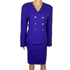 Jones New York Vintage Wool Skirt Suit Size 10 Purple Double Breasted Collarless