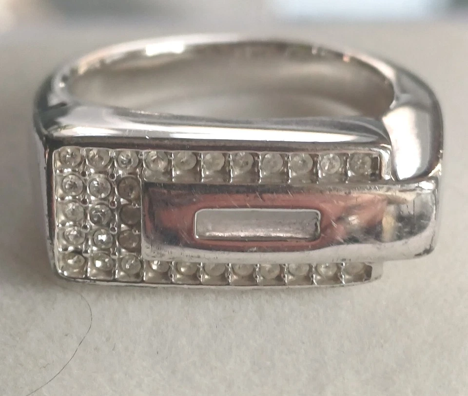 Impresionante anillo de plata vintage Pierre Lang para hombre talla R1/2 con incrustaciones de circonio circular Foto 4 de 4