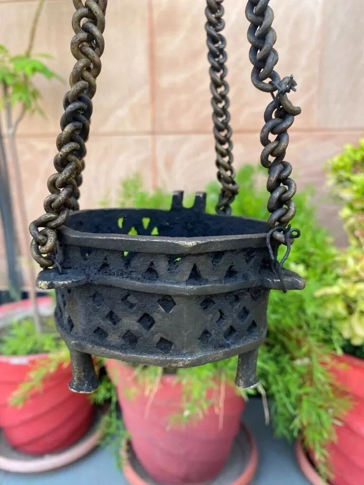 古董老式稀有手工锻造黄铜壁挂油香炉锅 — 第 2/4 张图片