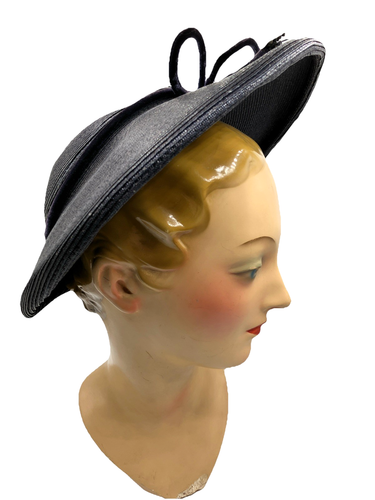 Vintage 40s pancake cartwheel flat crown straw hat tilt Navy - Picture 2 of 7