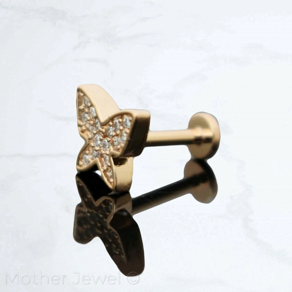 ROSE GOLD IP BUTTERFLY SIMULATED DIAMOND TRAGUS MONROE LABRET CARTILAGE STUD 16G — 第 2/3 张图片