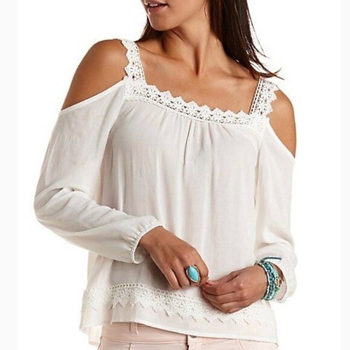 White gauzy cold shoulder top with crochet straps size Medium