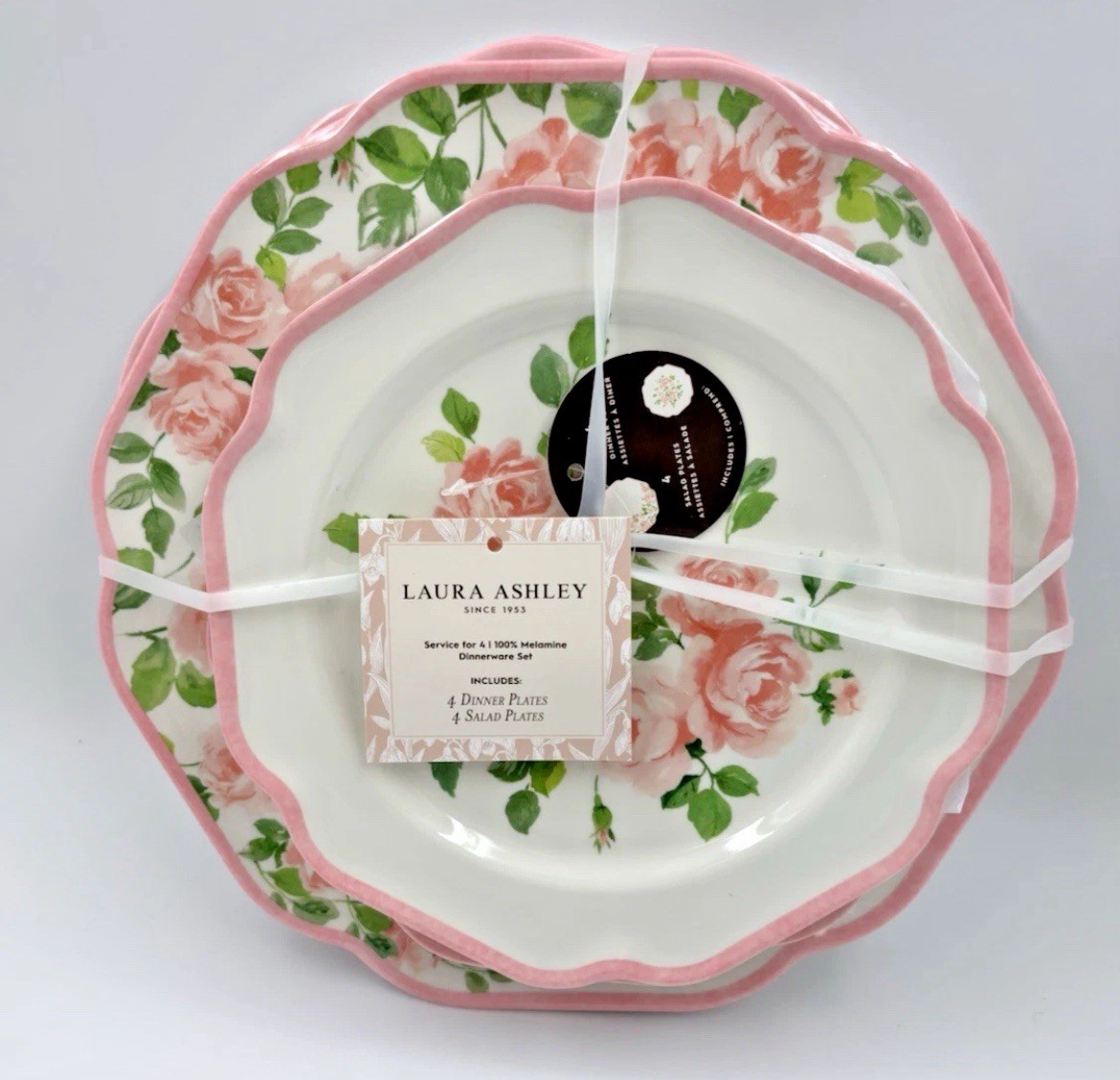 8pc Laura Ashley Pink Rose Floral Melamine Salad & Dinner Plate Set Spring NEW