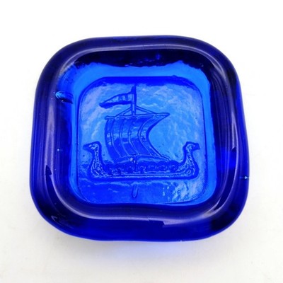 Kosta Boda Erik Hoglund Viking Ship Trinket Dish Paperweight 2-1/4'' Cobalt Blue