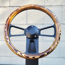 14 Black Muscle Steering Wheel Flamed Pine Wrap With Pain Black Horn Button