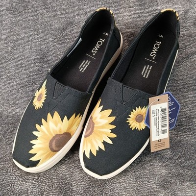 Toms Alpargata Cupsole Shoes Womens 7 Black Canvas Sunflower Sunshine On Slip On
