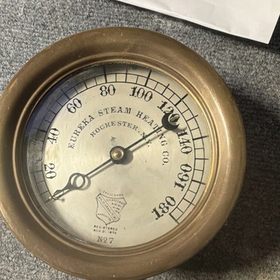 #ad Eureka Steam Heating Co. Steam Pressure Gauge No. 7 Rochester NY $150.00