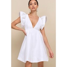 Lulus Dramatic Dreams White Taffeta Ruffled Babydoll Dress Size Small Romantic