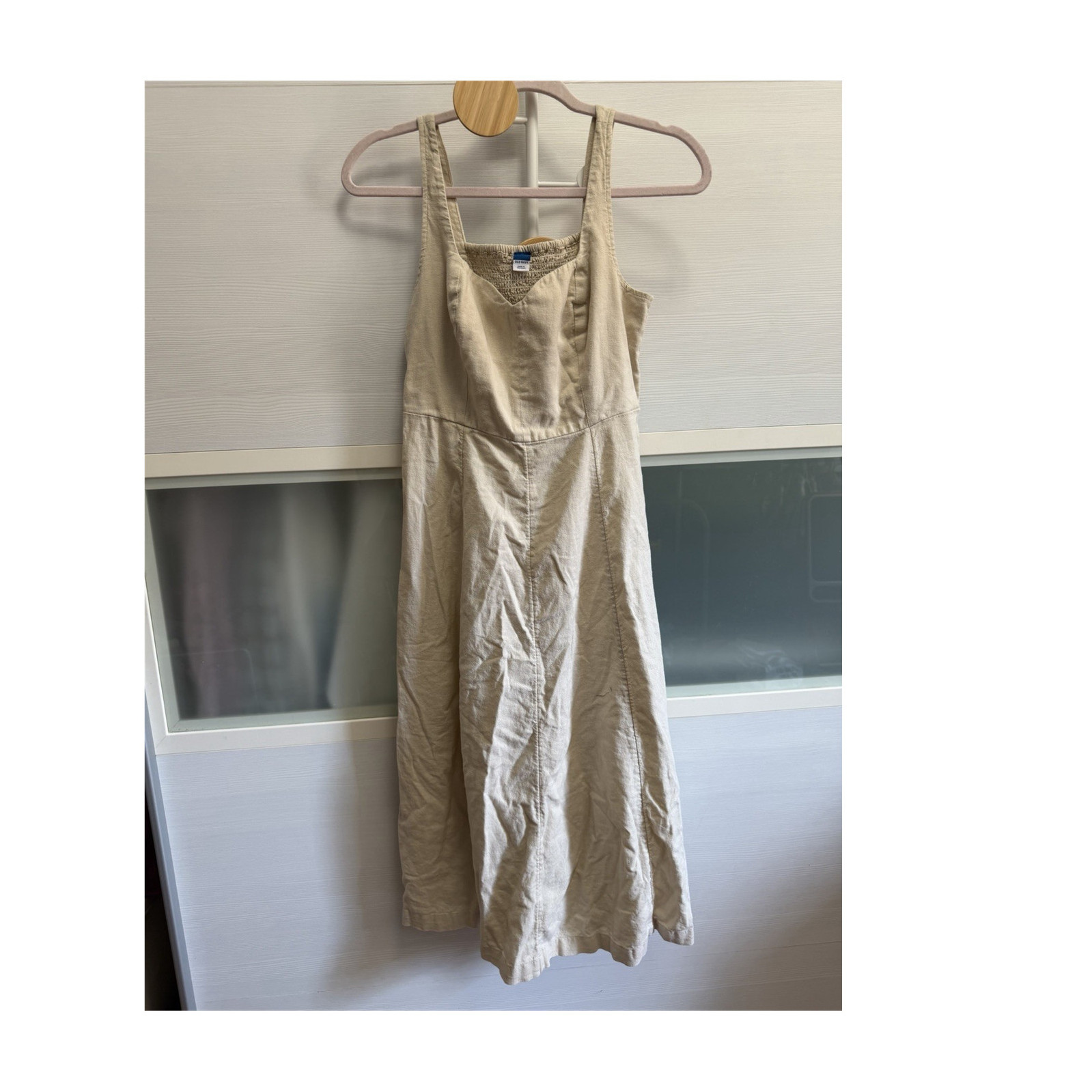 Old Navy Smocked V-Neck Sleeveless Strappy Midi Dress Beige M Linen Blend