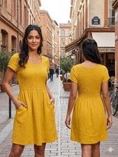 Cato Yellow Smocked Cotton Gauze Short Sleeve Dress Pockets Small Boho 