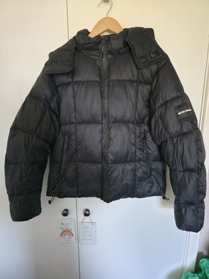 lets Frans Black Hooded Puffer Coat Jacket Size Medium