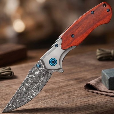 Wartech - 8'' Damascus Etch Natural Wood | Spring Assisted Pocket Knife