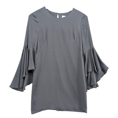 Milly Stretch Silk Mini Dress Pewter Grey 3/4 Bell Sleeve Shift Dress Size 2