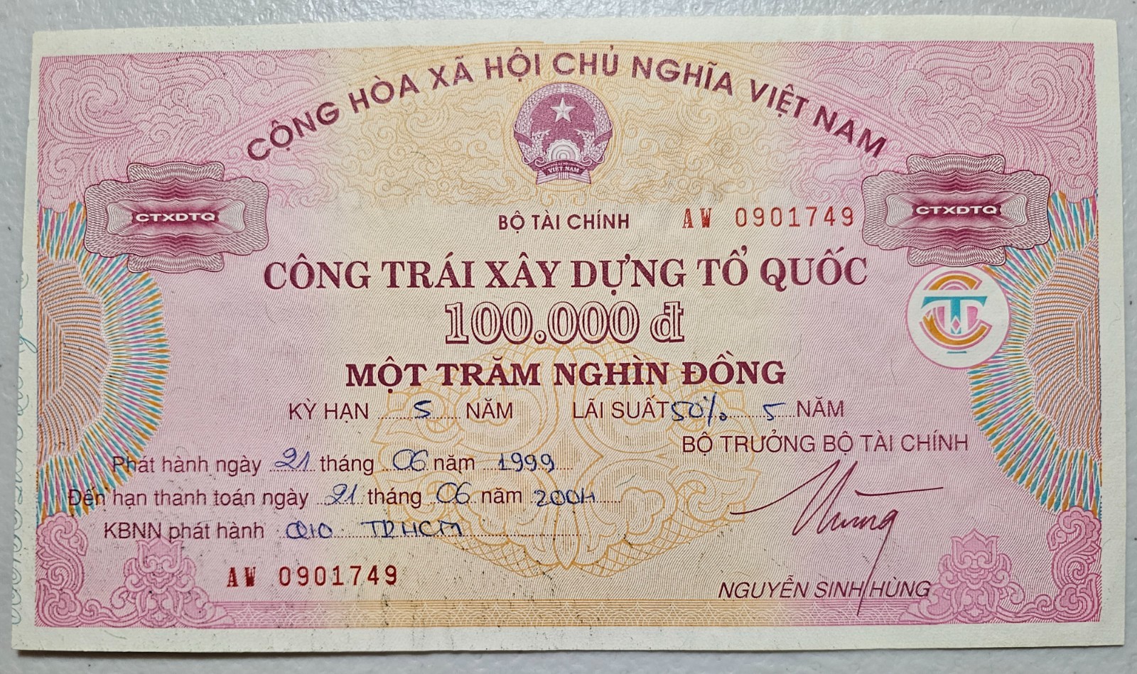 Vietnam National Construction Bond 100,000 Dong 1999, Redeemable 2004