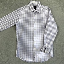 David Donahue Shirt Men 16 32-33 Purple White Trim Fit Dress Check Button Up EUC