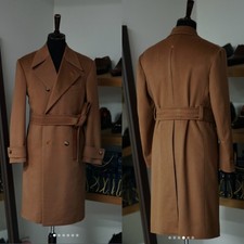 Men's Long Overcoat With Belt Cashmere Double Breasted Winter Warm Men Long Coat