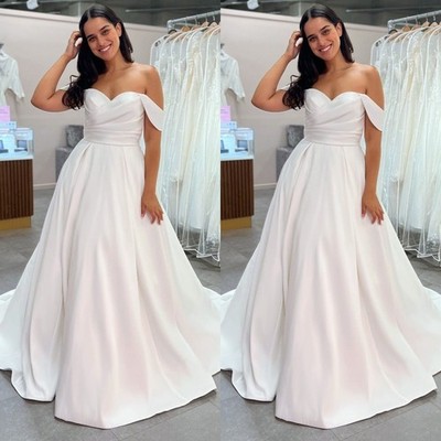 Off Shoulder Wedding Dresses Sweetheart Satin Sweep Train A Line Bridal Gowns