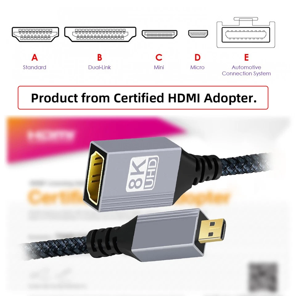 Micro HDMI 2.1 8K Type-D Male to HDMI Female Extension HDTV Cable for DV Camera - Image 2 of 4