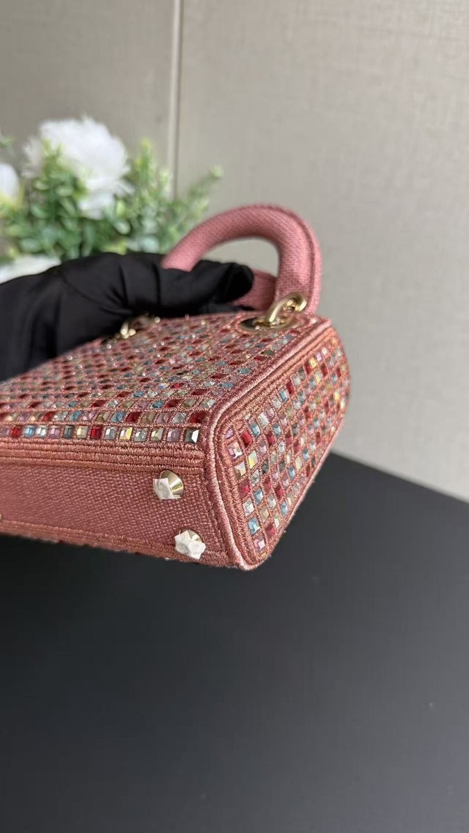 Dior Lady Dior Micro Bag Pink Embroidered Strass Gold Hardware