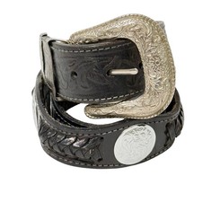 Vtg Black Western Leather Tooled Concho Belt Braided Lace Detail Unisex Sz 34