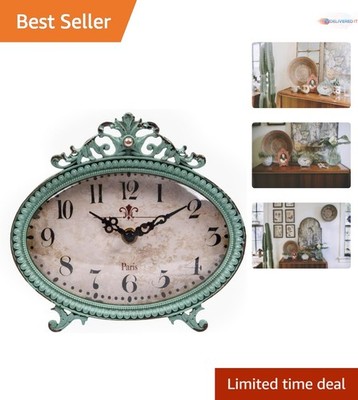 Green Pewter Mantel Clock Vintage Weathered Indoor Quartz Tabletop Decor