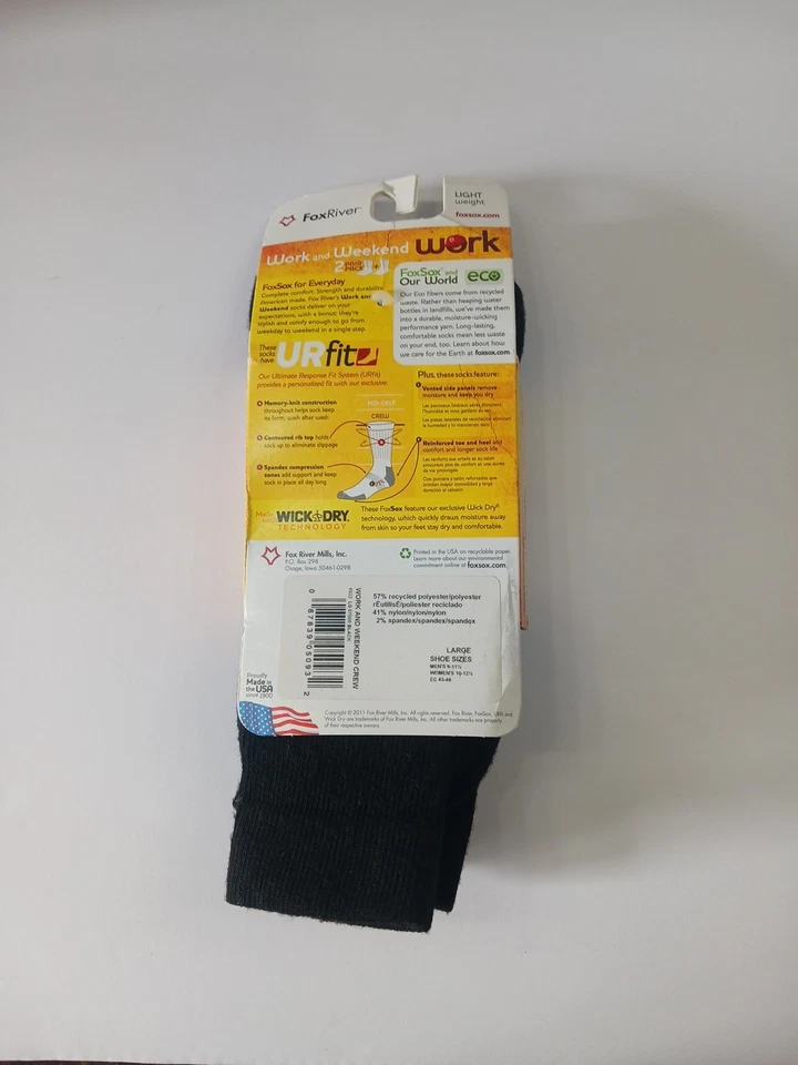 Fox River 6532 Wick Dry Calcetines Ligeros Crew 2 Pares Negros Hechos en EE. UU.   Foto 4 de 4