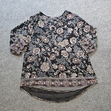 Lucky Brand Top Womens Size 1X Black Tan Floral V Neck 3/4 Sleeve Boho Casual