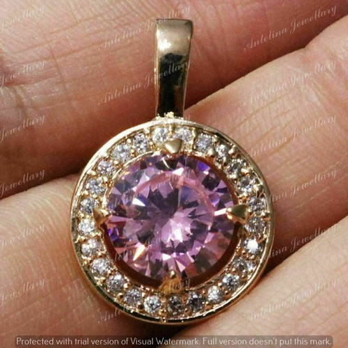 3.10 Ct Round Pink Sapphire & Diamond Halo Pendant Chain 14K Yellow Gold Finish - Picture 2 of 8