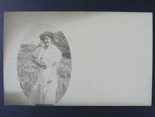 Woman Sailor Dress Posing In Farm Field Antique Real Photo Postcard RPPC c1910