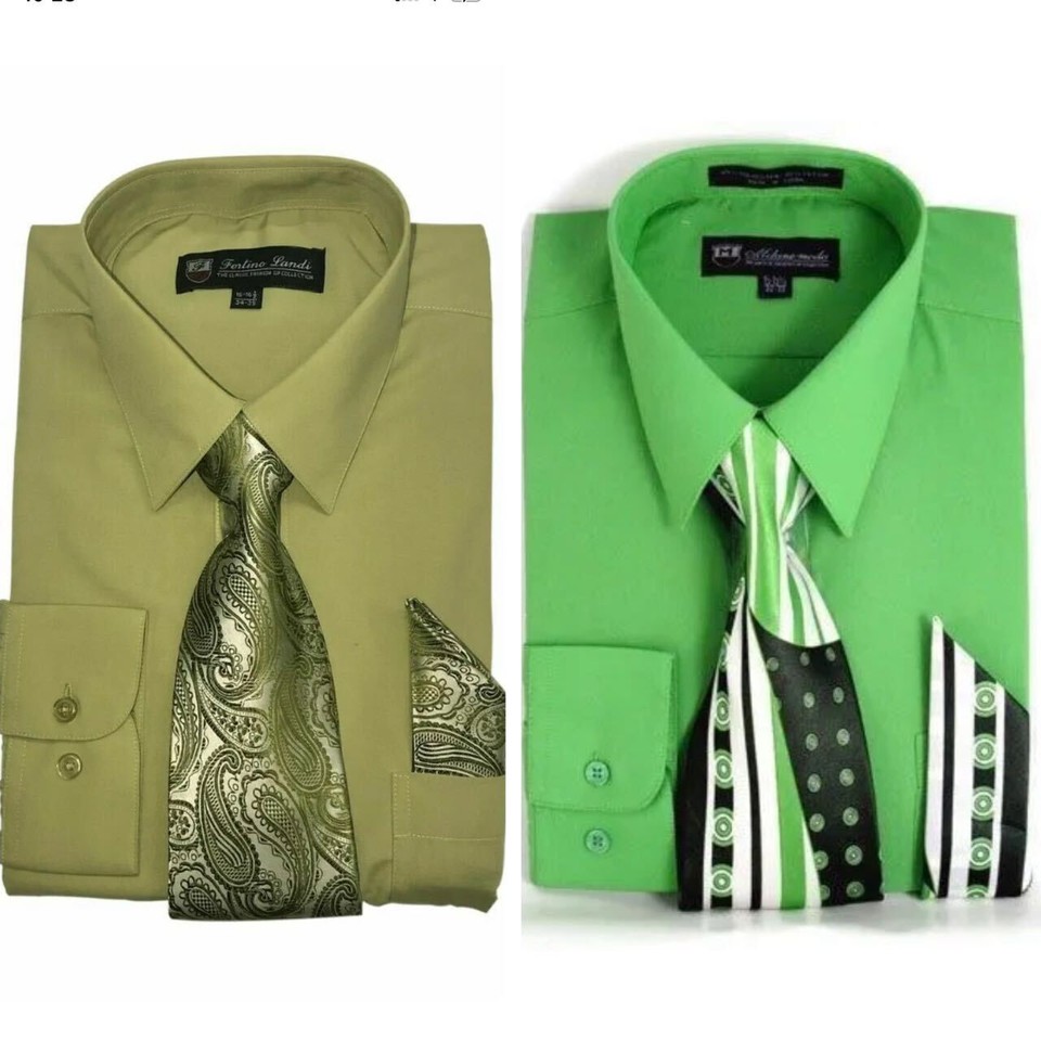 Fortino Landi Men's French Cuff Dress Shirt w/ Matching Tie & Hanky Set