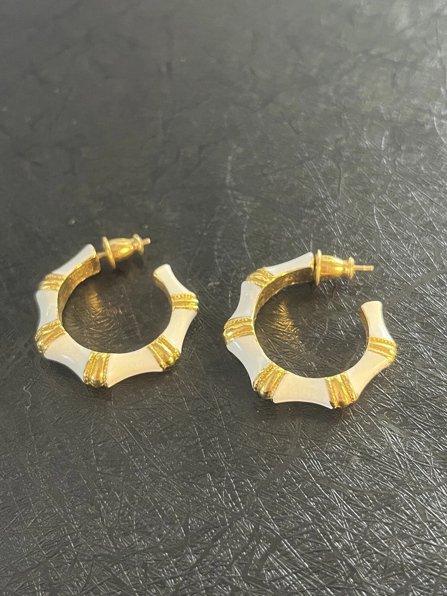 Vintage White Gold Tone Small Earrings Bamboo Hoops 80s 90s