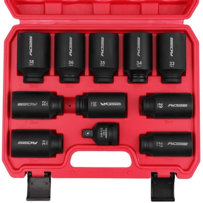 1/2 Drive Deep Impact Socket Set: 11-Piece Metric Size Wheel Axle Nut Wrench ...