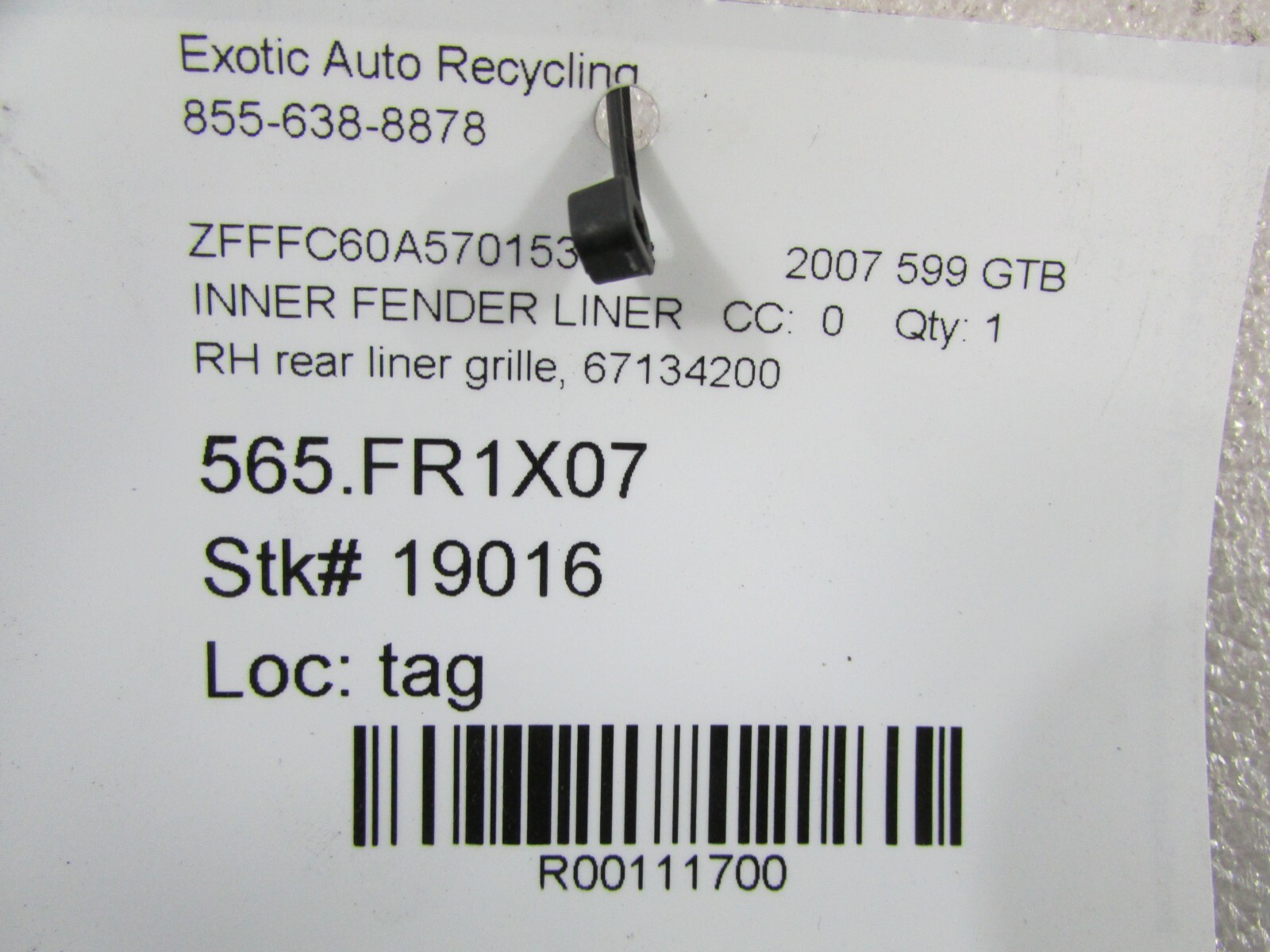 Ferrari 599, RH Rear Fender Liner Grille, Used, P/N 67134200