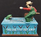 VINTAGE Cast Iron Mechanical Bank Fisherman The One That Got Away WORKING — photo 1