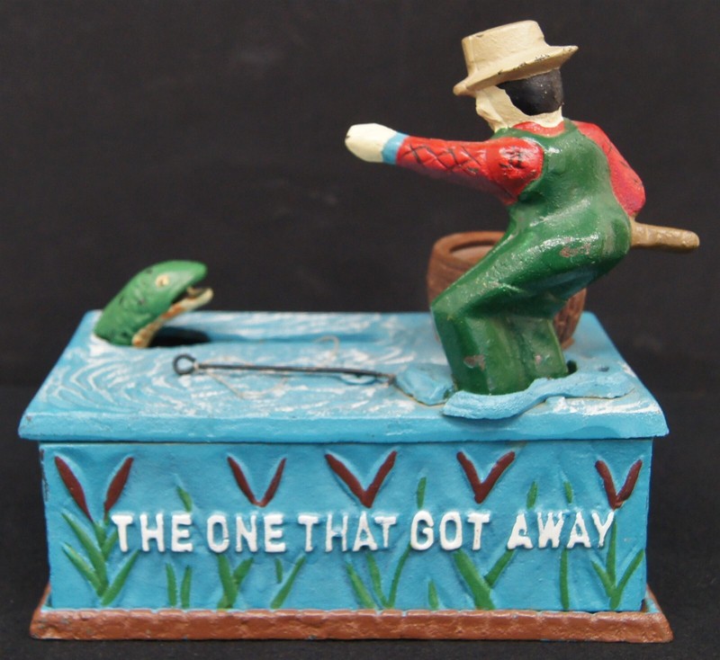 VINTAGE Cast Iron Mechanical Bank Fisherman The One That Got Away WORKING