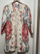 CHICO S Daintree IKAT Print Soutache Linen Jacket Topper 3/4 Sleeve 8/10 NWT
