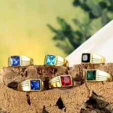 Men Square Gemstone Signet Rings Stainless Steel Pinky Statement Cocktail Party