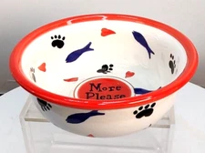Cat Food 6"Rx2"D Multicolor Paw prints Fish Hearts "More Please Food Water Bowl